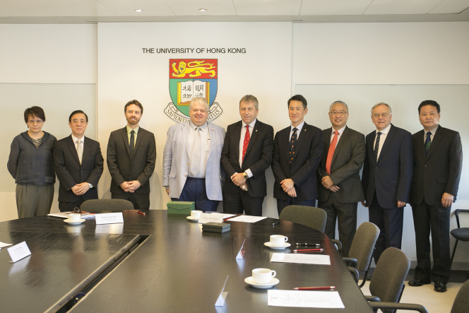(From left) Professor Barbara Chan, Associate Dean (Research) of the Faculty of Engineering, HKU; Professor Bennett Yim, Associate Dean (Postgraduate) of the Faculty of Business and Economics, HKU; Mr. Tom Windle, UCL Senior Partnership Manager (East and South East Asia); Professor David Price, UCL Vice-President and Vice-Provost (Research); Professor Peter Mathieson, HKU President and Vice-Chancellor; Professor W John Kao, HKU Vice-President and Pro-Vice-Chancellor (Global); Professor Michael Hor, Dean of the Faculty of Law, HKU; Professor Stephen Andrews, Dean of the Faculty of Education, HKU; Professor Rui Yang, Associate Dean (Cross-border/International Engagement) of the Faculty of Education, HKU.