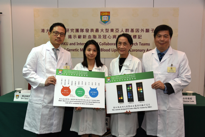 The research team took a group photo at the press conference. (From left) Professor Tse Hung-fat, William MW Mong Professor in Cardiology, Chair Professor of Cardiovascular Medicine, Department of Medicine; Dr Clara Tang Sze-man, Research Assistant Professor, Department of Surgery; Professor Karen Lam Siu-ling, Rosie TT Young Professor in Endocrinology and Metabolism, Chair Professor of Medicine, Department of Medicine; and Professor Sham Pak-chung, Suen Chi-Sun Professor in Clinical Science, Chair Professor of Psychiatric Genomics, Director of the Centre for Genomic Sciences, Li Ka Shing Faculty of Medicine, HKU.