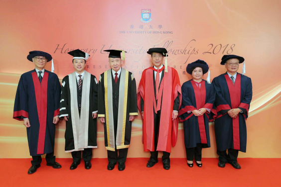 HKU presents Honorary University Fellowships to three distinguished individuals. (From left) Professor Chow Shew Ping, President Professor Xiang Zhang, Pro-Chancellor Dr the Honourable Sir David Li Kwok Po, Council Chairman Professor the Honourable Arthur Li Kwok Cheung, Ms Maisy Ho Chiu Ha and Professor Lee Chack Fan.