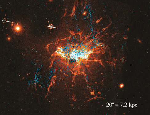 Young globular clusters (ages up to 1 billion years) are indicated by the blue dots. These globular clusters are closely associated with a filamentary network of cool gas, colored orange to white, which extends to the outer reaches of the giant galaxy at the center of the Perseus galaxy cluster. Round or oval objects, also colored orange to white, are smaller galaxies that are part of the same galaxy cluster.