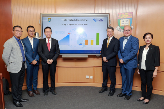 HKU FinTech Index Series launched. (From left) Mr Stanley Lam (Suoxinda Data Technology Co. Ltd.); HKU FinTech Index Advisory Board members Mr Steve Wong, (HKSTP), Mr Howard Lau (The Bank of East Asia Ltd.), Mr Brian Tang (FTAHK), Dr Philip Yu (HKU Department of Statistics and Actuarial Science) and Ms Alice So (Cyberport)