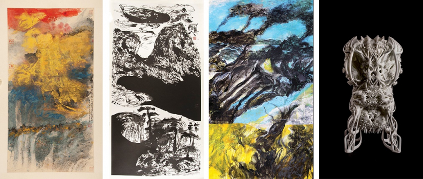 Contemporary art exhibits on display (from left: Frost on Autumn Mountain by Hou Beiren, Spiritual Mountains 9 by Wesley Tongson , Early Spring by Chak and Vessels of Vanitas II by Tobias Klein )