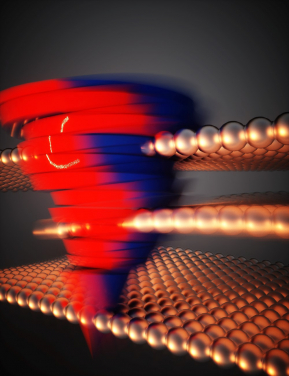 Information is stored by changing the relative position of the metal layer (the gold ball in the figure) with the thickness of three atomic layers. The vortex and its color reveal the dynamic change of Berry curvature in band structure while layers’ gliding; the numbers 1 and 0 encoded in this stacking orders can be read by such quantum property (Source: Ella Maru Studios)