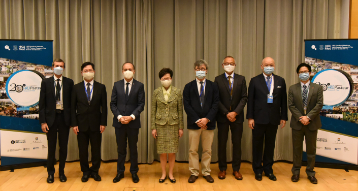 The attendance of the ceremony to celebrate HKU-Pasteur Research Pole’s 20th Anniversary includes (from left to right): Professor Roberto Bruzzone, Co-Director at HKU-Pasteur Research Pole, Mr Alfred Sit, Secretary for Innovation & Technology, Mr Alexandre Giorgini, Consul General of France in Hong Kong and Macau, the Honorable Mrs Carrie Lam Cheng Yuet-ngor, the Chief Executive of the Hong Kong Special Administrative Region, Professor Alfonso Ngan, Acting Vice-President & Pro-Vice-Chancellor (Research) of the University of Hong Kong, Professor Keiji Fukuda, Director of the School of Public Health, Li Ka Shing Faculty of Medicine of the University of Hong Kong, Mr Leo Kung, Executive Vice President, Bangkok Bank (former Chairman, Pasteur Foundation Asia) and Professor Leo Poon, Co-Director at HKU-Pasteur Research Pole.