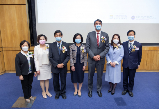 (From Left) “Jockey Club Children Oral Health Project” Professor Chu Chun Hung
Project-in-charge cum Associate Dean (External Relations), Faculty of Dentistry, HKU; Ms. Jasmine Chung, Executive Manager, Charities (Grant Making – Rehabilitation and Medical), The Hong Kong Jockey Club ; Professor Flemmig Thomas, Dean of the Faculty of Dentistry, HKU; Professor Edward Lo Chin Man, Chair Professor (Dental Public Health), Faculty of Dentistry, HKU; Professor Cynthia Yiu Kar Yung, Associate Dean (Taught Postgraduate Education), Faculty of Dentistry, HKU, Ms. Kwok Kwai Mui, Principal of Shun Tak Fraternal Association, Tuen Mun Leung Lee Sau Yu Kindergarten and Ms. Cheng Kam Mui Asme, Principal of Christian Alliance Louey Choy Kwan Lok Kindergarten
