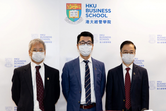 Professor Heiwai Tang, Professor in Economics and Associate Director, Hong Kong Institute of Economics and Business Strategy (Middle), Dr. Stephen Chiu, Associate Professor in Economics (Left) and Dr. Maurice Tse, Principle Lecturer in Finance (Right) shared their response towards the 2021-22 Budget Speech in the press conference organised by the HKU Business School today.