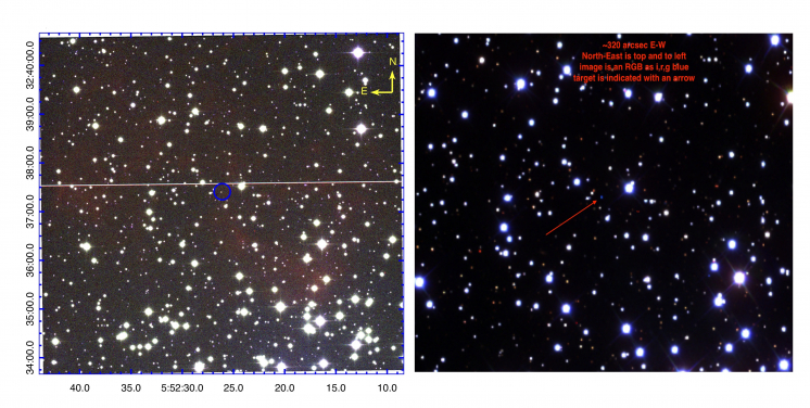 Figure 2. Fig. 2a left panel: An enhanced 6.5 x.5 arcminute colour-composite RGB image of PN IPHASX J055226.2+323724 from the IPHAS survey (Drew et al. 2005) that we confirm as a physical member of the Galactic open cluster M37. Red = Hα, Green = broad band red and Blue = broad band ‘i’. The CSPN is circled in blue; Fig. 2b right panel: 190 x145 arcsecond RGB image created from SDSS with red = i, green = r and blue = g-band. These data clearly shows the faint CSPN (arrowed) at the centre. North is top and East is to the left in both images.