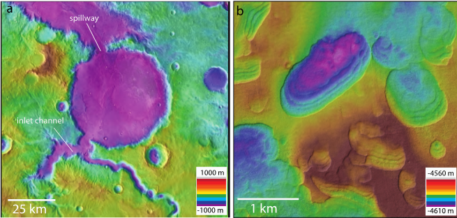 Figure 1: An example of a large, impact crater-hosted lake on Mars (a) and a small, permafrost-hosted lake on Mars. Both images show elevation data from the MOLA (Mars Orbiter Laser Altimeter) and HRSC(High Resolution Stereo Camera) instruments draped onto images from THEMIS (a) and CTX (b). (Credit: ESA/JPL/NASA/ASU/MSSS)