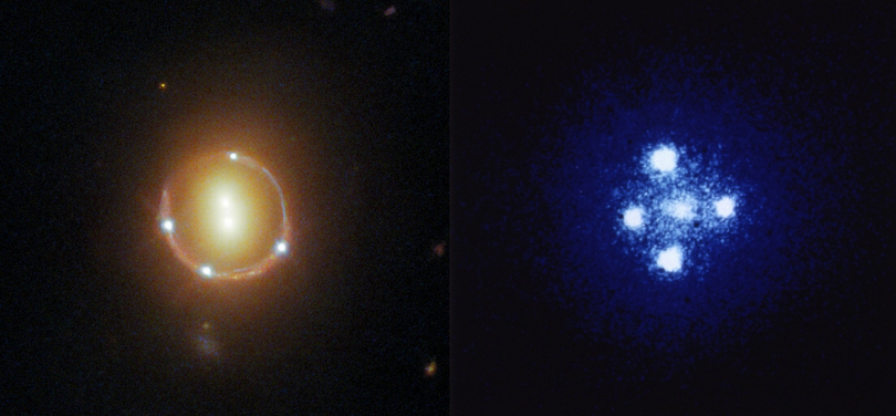 Figure 2: Examples of gravitational-lensed images observed with the Hubble Space Telescope. Left: 2M130-1714, in which the four bright and bluish points comprise the quadruply-lensed images of the bright nucleus of a background galaxy, such that the main body of the background galaxy is lensed and distorted into an Einstein ring. The Einstein ring encircles two yellowish galaxies comprising the foreground lensing galaxies. Image credit: NASA/ESA/Hubble/T.Treu/Judy Schmidt. Right: The Einstein Cross, comprising four bright points corresponding to the quadruply-lensed images of the bright nucleus of a background galaxy. The fifth point near the middle of the cross corresponds to the foreground lensing galaxy.
(Image credit: NASA/ESA/STSci)
