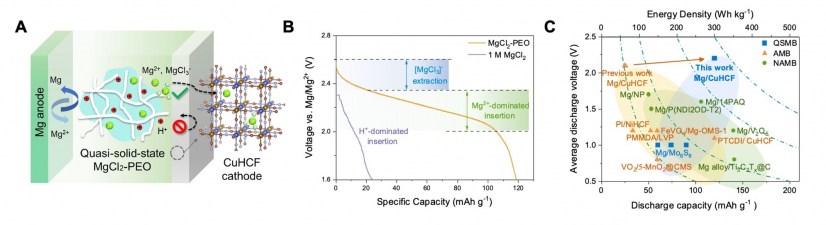 Figure 1. (A) Schematic figure of the battery mechanism: the quasi-solid-state electrolyte enhances battery performance by regulating ion storage. (B) Voltage profile of the QSMB compared to a battery using traditional aqueous solution: the suppression of proton storage facilitates high-voltage Mg-ion insertion in the cathode. (C) Literature comparison of current Mg-ion batteries including quasi-solid-state Mg-ion batteries (QSMB), aqueous Mg-ion batteries (AMB) and non-aqueous Mg-ion batteries (NAMB).