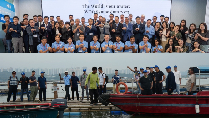 Upper image: The participants of ‘The World is Our Oyster’ Symposium gathered for a group photo, creatively mimicking oyster shells with their hands.
Lower image: The participants of WOO-2023 engaged in discussion and brainstormed ideas for promoting one health oyster aquaculture while standing on the HKU’s oyster culture raft in Lau Fau Shan.