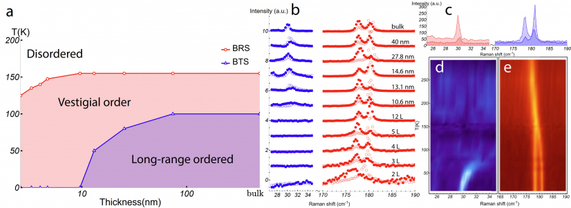 Figure 2. Thickness dependence of signatures in optical Raman quasi-elastic scattering. a, thickness v.s. temperature phase diagram of NiPS3. b, Layer-dependent Raman spectra at T=10 K. c, linearly lairized Raman spectra measured with λ=633 nm at 10 K on bulk NiPS3. The blue (d) and red (e) areas denote the PBTS mode and PBRS mode, respectively. (Image adapted from respective paper)