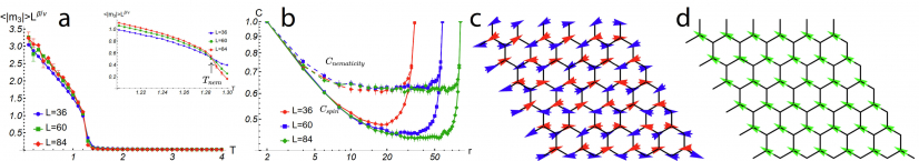 Figure 3. Monte Carlo calculations of the magnetic state in 2L NiPS3. a, Temperature dependence of the scaled Potts-nematic order parameter (〈|m)|〉). Inset: Zoom-in around nematic phase transition temperature TN, 2L=1.285J1. b, Correlation of Potts-nematicity (Cnematicity) and spin (Cspin) at a temperature T=1.25|J1|<TN,2L, as a function of distance. c, Snapshot of simulated spin configuration below TN, 2L. d, Image of simulated nematic director for the spin state in c, showing homogeneity of nematicity. (Image adapted from respective paper)