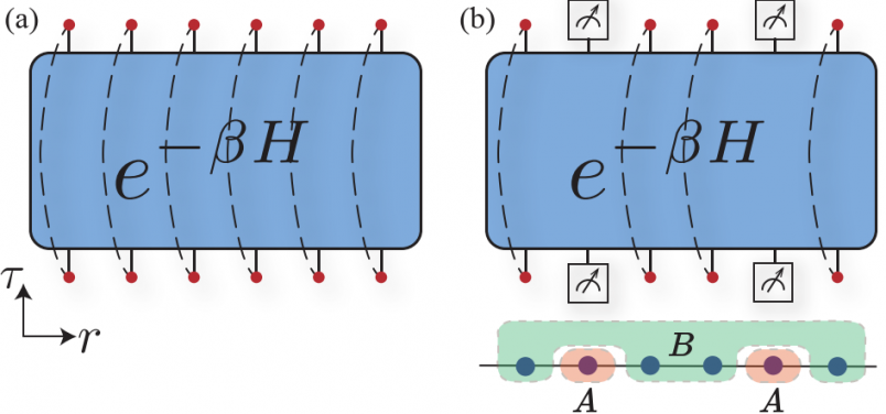 Figure 2. Sampling the reduced density matrix (RDM) in path-integral quantum Monte Carlo (QMC). Panel (a) shows the partition function in the space time manifold appearing in usual QMC simulations. Panel (b) shows how the RDM is sampled in such QMC simulations, where one imposes open boundary conditions in time for the skeletal sites in subregion A. The lower panel in (b) demonstrates the spatial partition of A and B in such a setting.