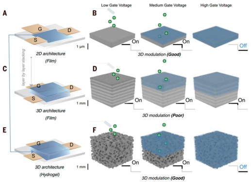 Figure 1. Schematic of the strategy to develop soft, 3D transistors with hydrogel semiconductors.
