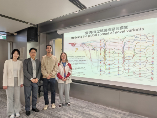 HKUMed study proposes targeted genomic surveillance strategy at key aviation hubs to detect viral variants faster. The research was led by Professor Leo Poon Lit-man (second left) and Dr Gu Haogao (second right).
 