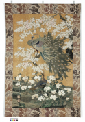  刺繡孔雀櫻花牡丹紋掛幅 畫師三木，繡師住山 日本，約一九零零年